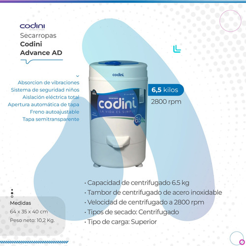 Combo Lavarropas Codini Silent 10kg 4051 + Secarropas Ad65