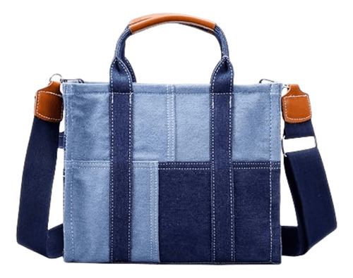 Bolsa De Tote Mezclilla De Los Herrajes Plata Color Azul Col Acabado De Los Herrajes Metal Diseño De La Tela Mezcla De Lona Y Denim