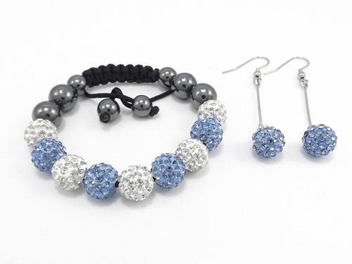 Pulsera De 9 Perlas Shamballa Ajustable + Aros - Celeste