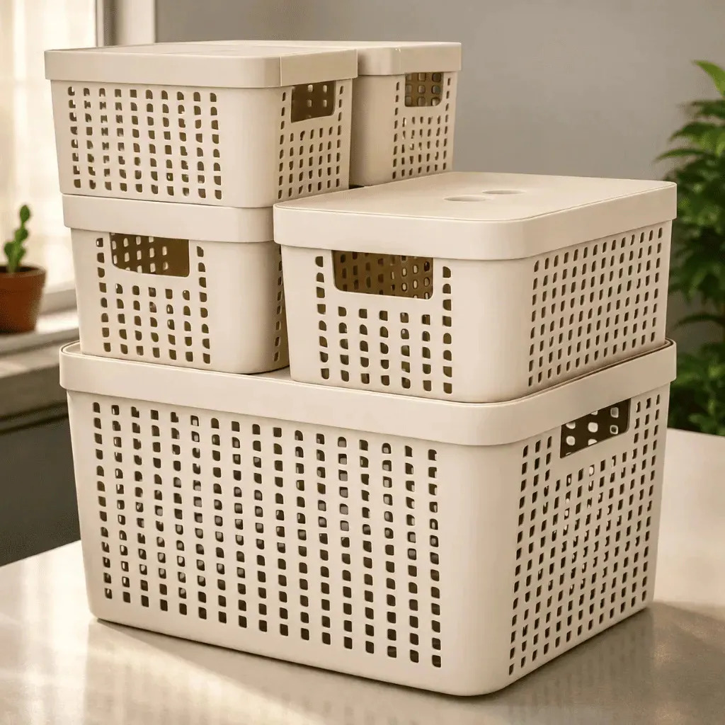 Kit 5 Caixas Organizadoras 2l 4,5l 17l Com Tampa Multiuso Cor Bege