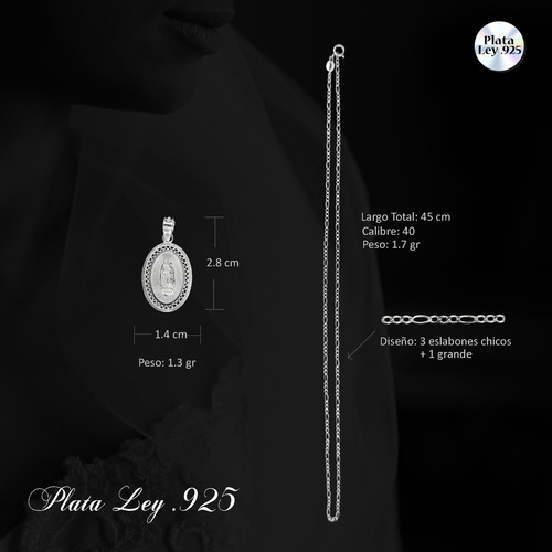 Set De 2 Dijes De Plata Virgen De Guadalupe Ovalado Con Cadenas De Plata Calibre 40 Con 45 Cm De Largo Excelente Para Regalo Boda Bautizo Xv Años