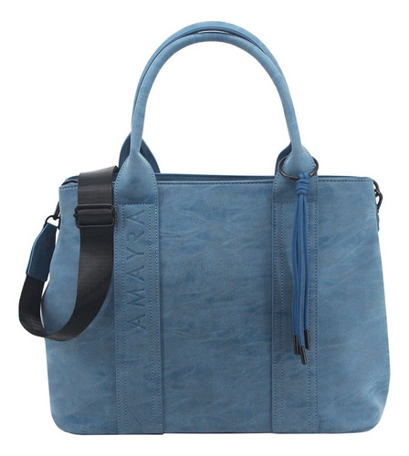 Cartera Bolso Mujer Amayra Tipo Tote Bag Cordones Con Nudo Celeste Modelo 1 Liso Níquel Negro