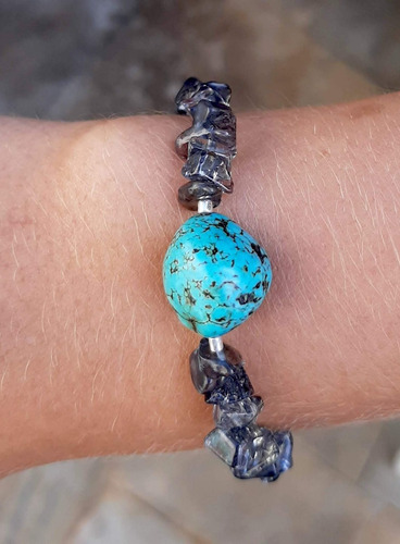 Pulseira Turquesa Pura Ágatas Hematitas E Alpaca