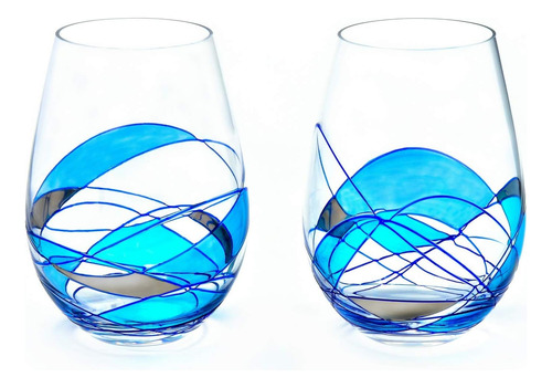 Antoni Stemless Wine Glass Lujo Línea Azul De Barcelon...