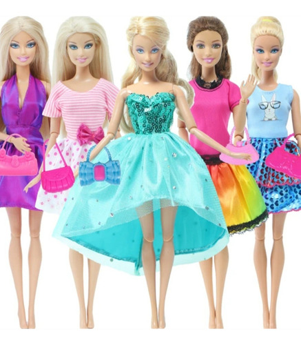Ropa Muñecas Set 5 Vestidos Colores Vivos+ Carteras Barbiele