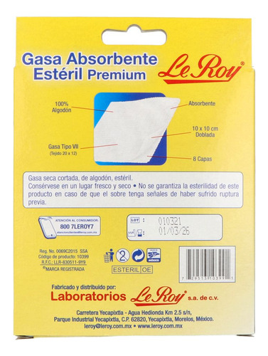 Le Roy Gasa Estéril Premium 10x10cm Caja Con 10 Piezas Según Presentación
