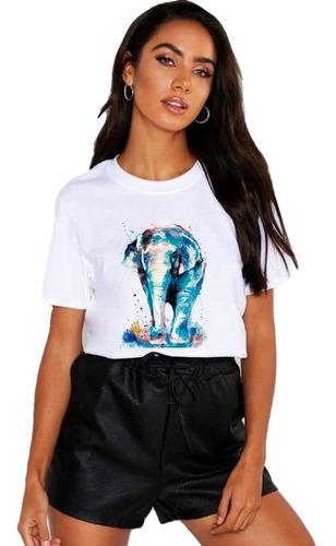 Polera Dama Estampada 100%algodon Diseño Elefante Azul