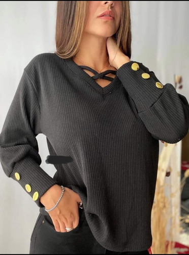 Sweater Pulover Lanilla Angora Botones Escote Cruzado