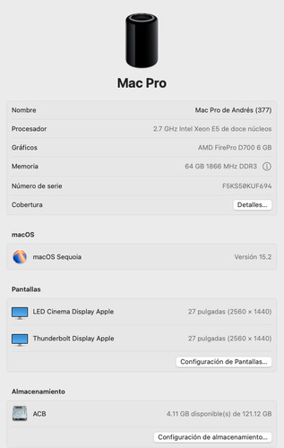 Macpro 2013 64gb Ram 6gb Firepro D700, Xeon E5 12 Núcleos (Usado)