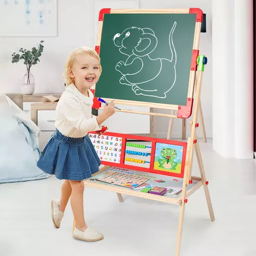 Caballete de madera todo en uno para niños, caballete de doble cara,  pizarra blanca, caballete de arte para niños con almacenamiento, caballete  de