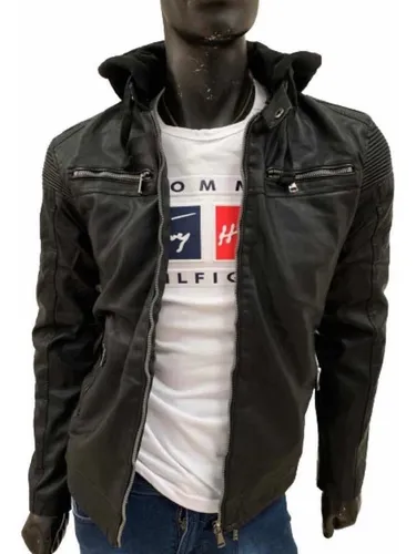 Chamarra Vini Piel Hombre Biker Gorra Moda Slim Calientita