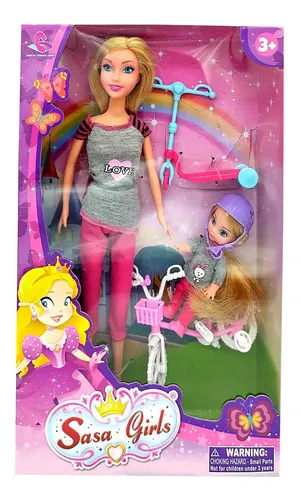 Muñeca Sasa Girls Con Hija, Bicicleta Y Monopatín 10091