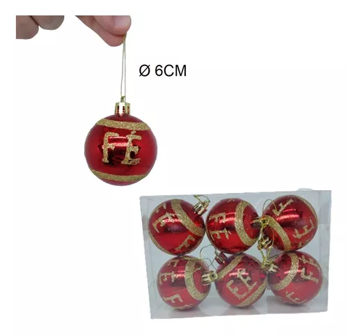 Kit 6 Bolas De Natal Decoração Enfeite Fé Vermelha Dourada