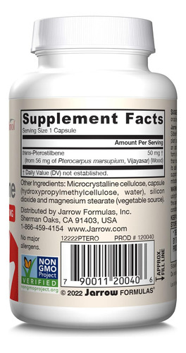 Pterostilbene Jarrow Formulas 50mg 60 Cápsulas Antioxidante Sabor Sin Sabor