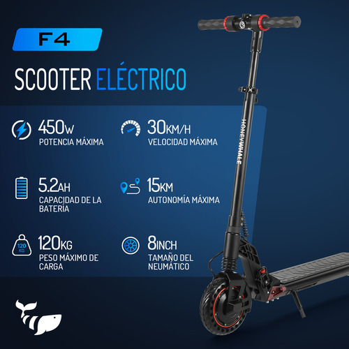 HONEY WHALE F4 Scooter Eléctrico Plegable para Adultos, Patin electrico con Motor de 450W, Velocidad Máxima 30KM/H Autonomía 13KM, 3 Velocidades, Llantas Sólidas HONEYWHALE