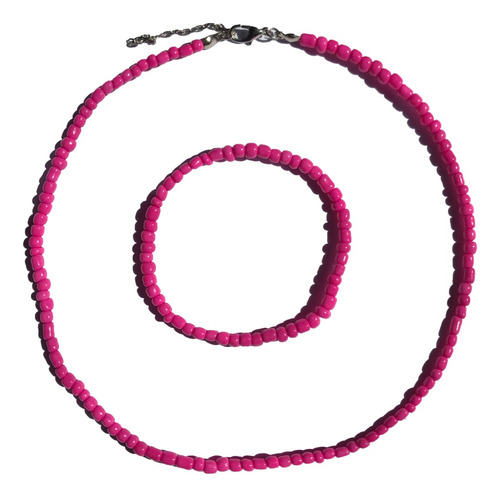 Conjunto Colar E Pulseira Miçanga Delicada Pink Rosa Escuro