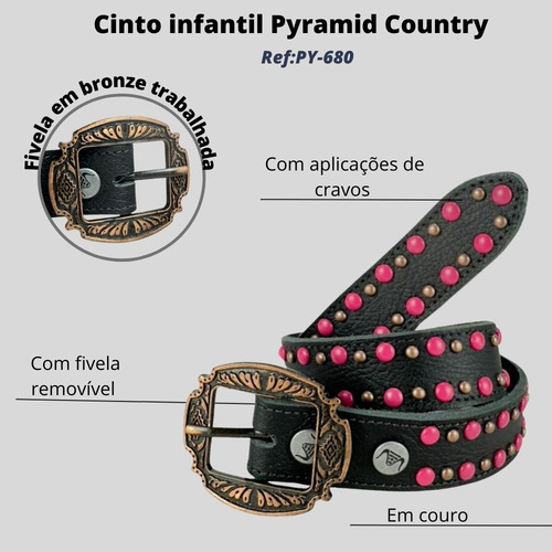 Cinto Menina Pyramid Country Preto C/ Cravos Rosa Ref:py-680