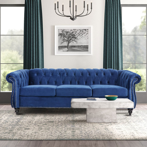 Sofá Chesterfield Moderno De Terciopelo 3 Plazas Azul Madera Diseño De La Tela