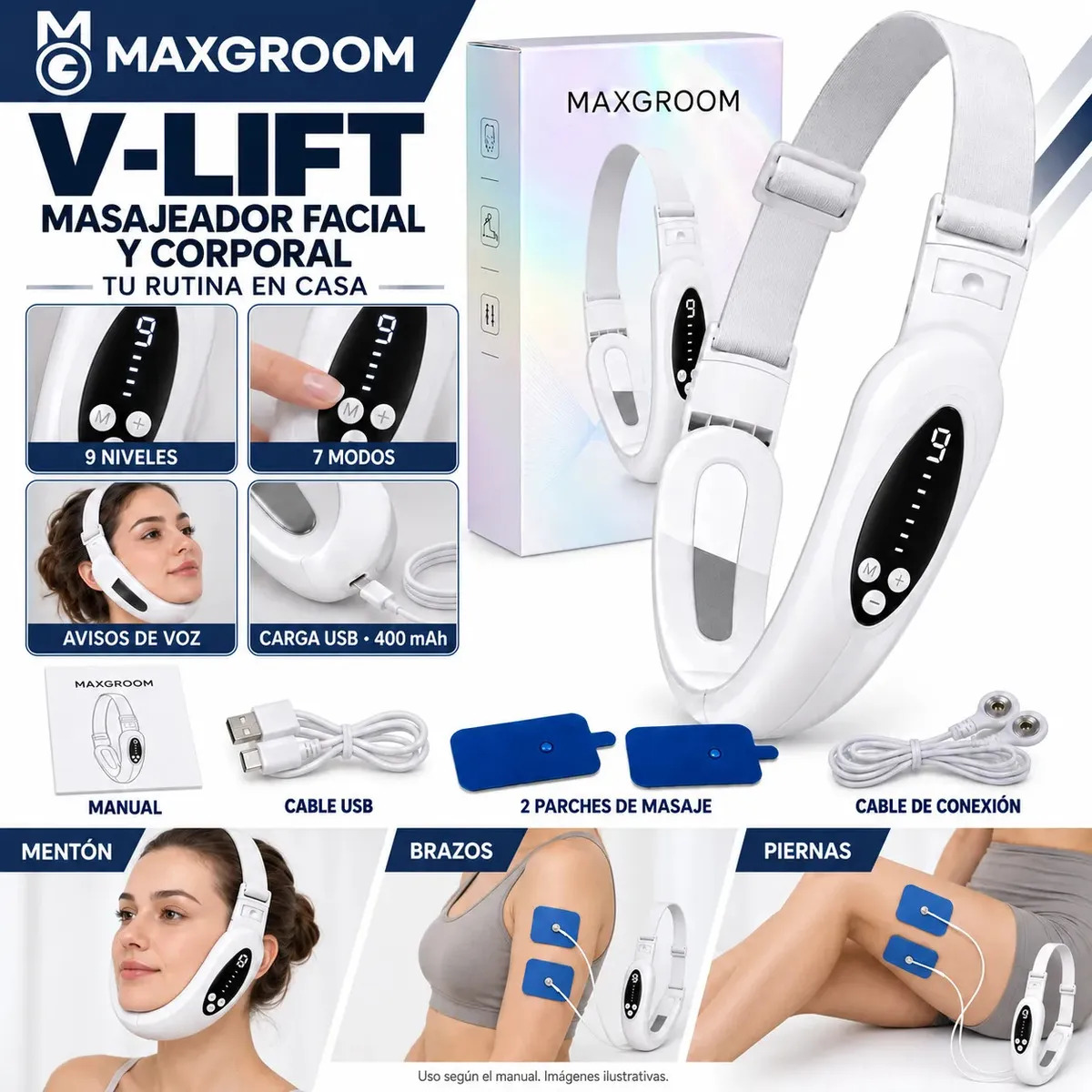 Masajeador Facial Reductor de Papada con Microvibración, 9 Niveles y 7 Modos para Casa