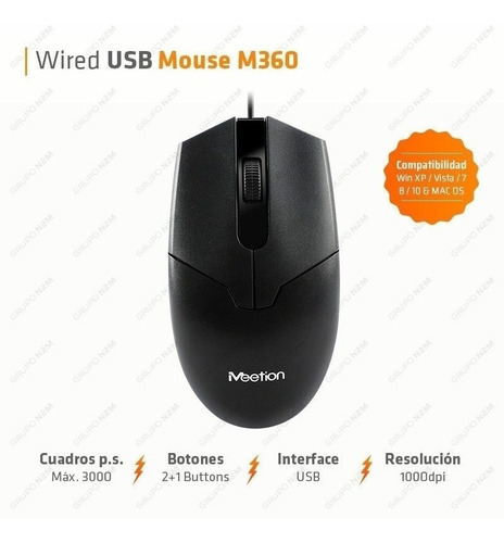 Mouse Con Sensor Optico Cable Usb 1000 Dpi Meetion Mt-m360