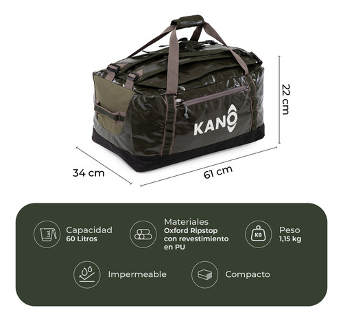 Bolso Mochila Impermeable Verde Kano Outdoor 60l Plegable