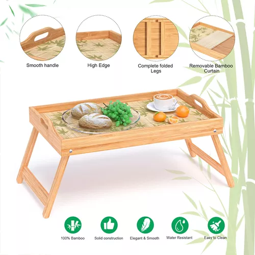 Paquete de 2 bandejas de bambú para cama, bandeja de desayuno con  alfombrilla de bambú extraíble y patas y asas plegables, bandejas de cama  para comer