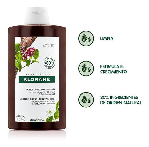 Shampoo Klorane Quinina en botella de 400mL por 1 unidad