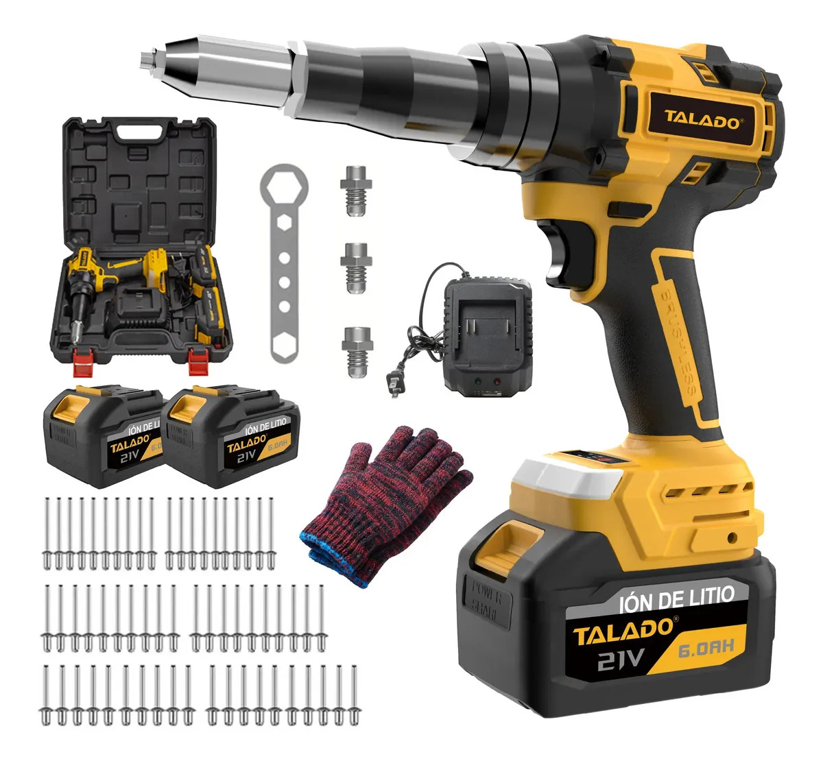 Pistola Remachadora Inalámbrica Talado 21V con Kit Completo: Potente Motor Brushless, 15.000N de Fuerza, Incluye 2 Baterías y Remaches