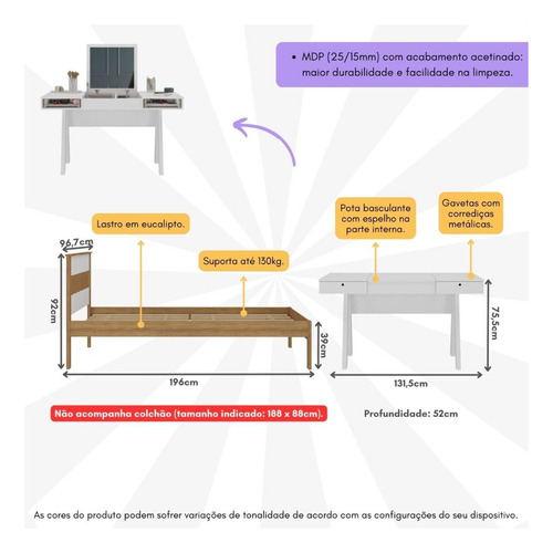 Cama de Solteiro para Colchão 88 x 188 cm com Penteadeira 131,5cm Multimóveis CR35247 Amêndoa/Branco
