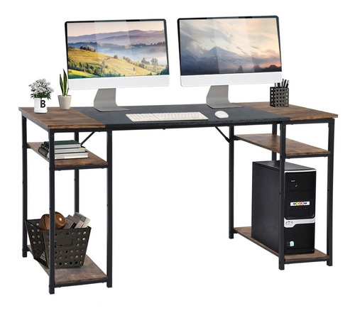 Homemake Furniture Escritorio Con Repisa Inferior Moderno Marrón Con Negro 120cm, Escritorio De Metal Y Acabados Tipo Madera, Mesa De Trabajo Con Estante En Ambos Lados, Ahorro De Espacio