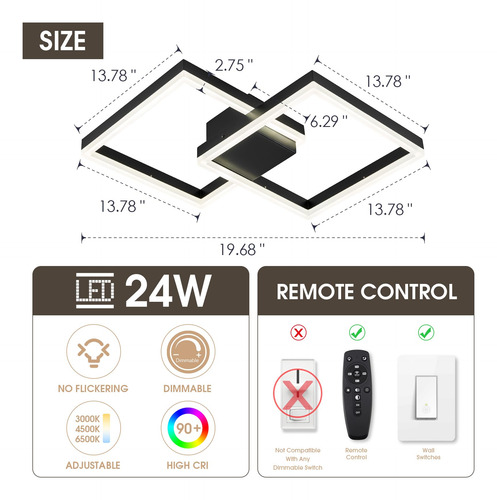 Airyphant Lámpara De Techo Led Moderna De 20 Pulgadas Luz De