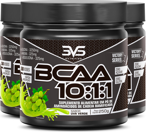 3 Unidades Do Bcaa Em Pó 10:1:1 Ultra Concentrando 250g Sabor: Uva Verde  - Fórmula Exclusiva Com 3900mg De Aminoácidos Por Dose