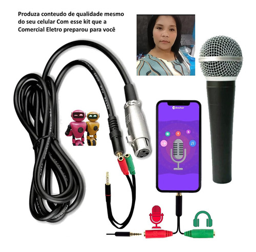 Imagem 1 de 7 de Microfone 58 Com Fio Adaptador Para Usar Em Celular Plug P3