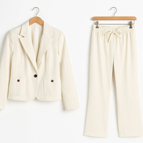 Traje Sastre Mujer Aixa Saco Y Pantalón Estilo Moderno Blanco Lino Rayado 36