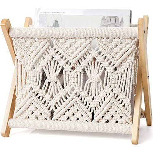 Revistero De Madera Y Macrame Beige, 11.22 X 7.5in