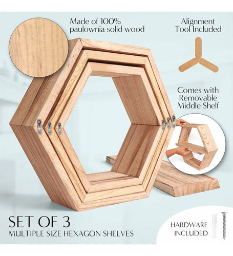 Hermoso Juego De 3 Estantes Flotantes Hexagonales De Madera