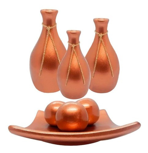 Jogo De Vasos Trio Garrafas E Centro De Mesa 3esferas Bronze