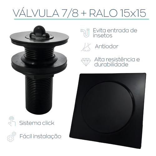 Kit Banheiro Preto Fosco Ralo Click 15x15 Inox E Valvula Lavatorio 7/8 Tampa Silicone