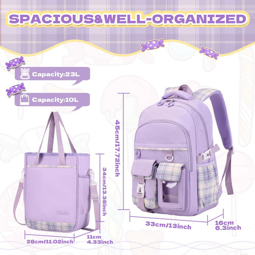 Mochila Escolar Con Bolsillos Funcionales + Bolso - Purpura