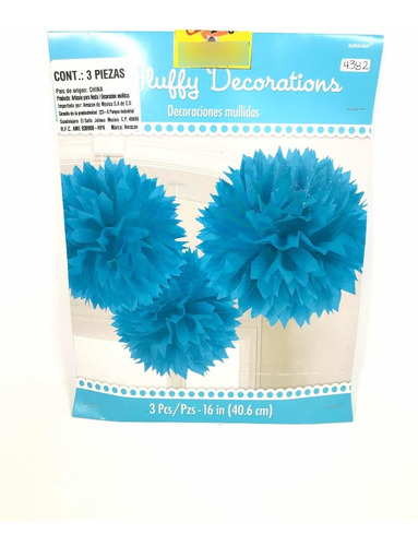 3 Bolas Pompon Azul Turquesa Decoración Papel Colgante Fluff