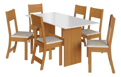 Conjunto Sala De Jantar Mesa 150cm Com 06 Cadeiras Indekes Cor Freijó-off White Desenho Do Tecido Das Cadeiras Liso