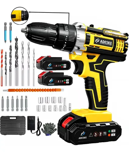 Parafusadeira E Furadeira De Impacto 3 Em 1, Ferramenta Multifuncional Com Mandril, Kit Com 2 Baterias, Sem Fio Profissional, Para Parafusos De Telhados E Drywall, Amarelo 127/220v 50hz/60hz