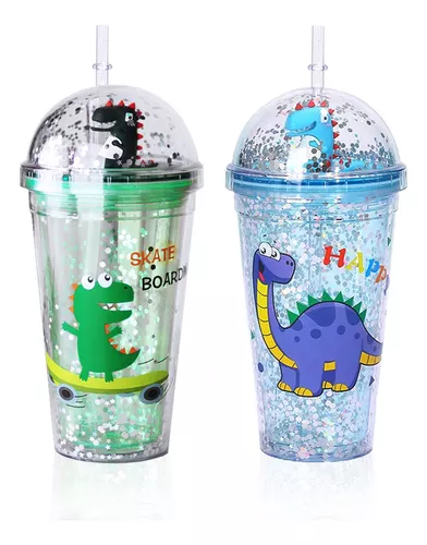 Vaso transparente con diseño de dinosaurio, tapa y popote con decoración de  corona, variedad de diseños / meo-706