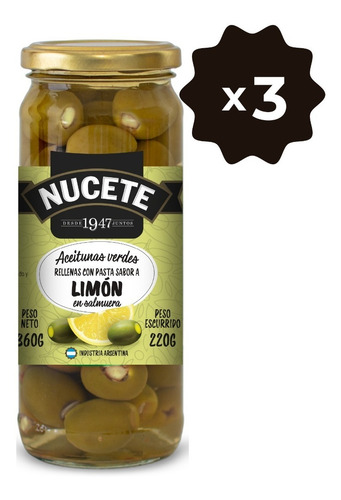 Imagen 1 de 3 de Combo Aceitunas Verdes Rellenas De Limon Frasco 360 Gr X 3