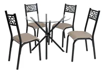 Comprar Conjunto Mesa Ciplafe Jade Slim 4 Cadeiras Tampo Vidro 0,90m Cor Preto fosco Desenho do tecido das cadeiras Linho Bege