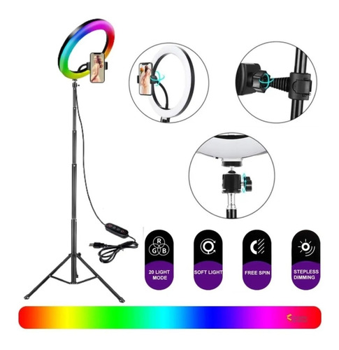 Aro De Luz 26 Cm Rgb Multicolor + Trípode 2 Metros 