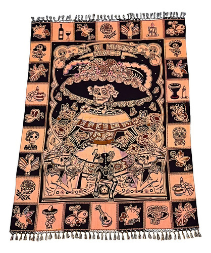 Souvenir Mantel Día De Muertos Catrina 1,5 X 2m (6 Pack) Color Fondo Negro-naranja La Catrina