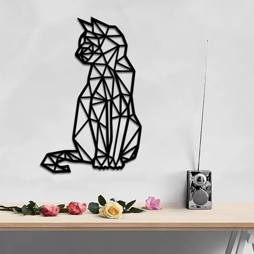 Arte Mural Gato Geométrico 42 X 27 Cms, Madera Mdf Pintado