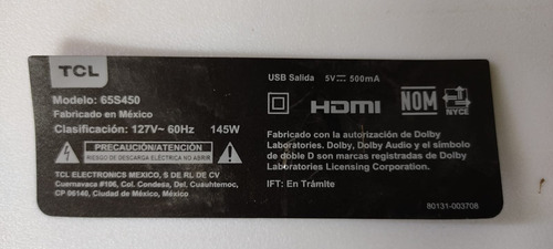 Main 40-r51mp9-mad2hg Tcl 65s450 (Usado)