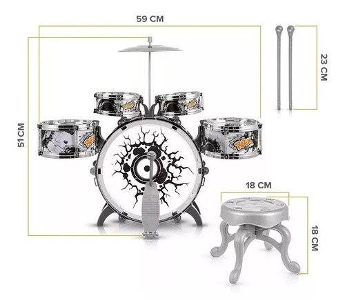 Bateria Infantil Rock Party Com Banquinho Banqueta Meninos